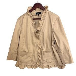 Talbots Jacket Woman Petites 16WP Tan Cotton Ruffle Trim Hook Closure